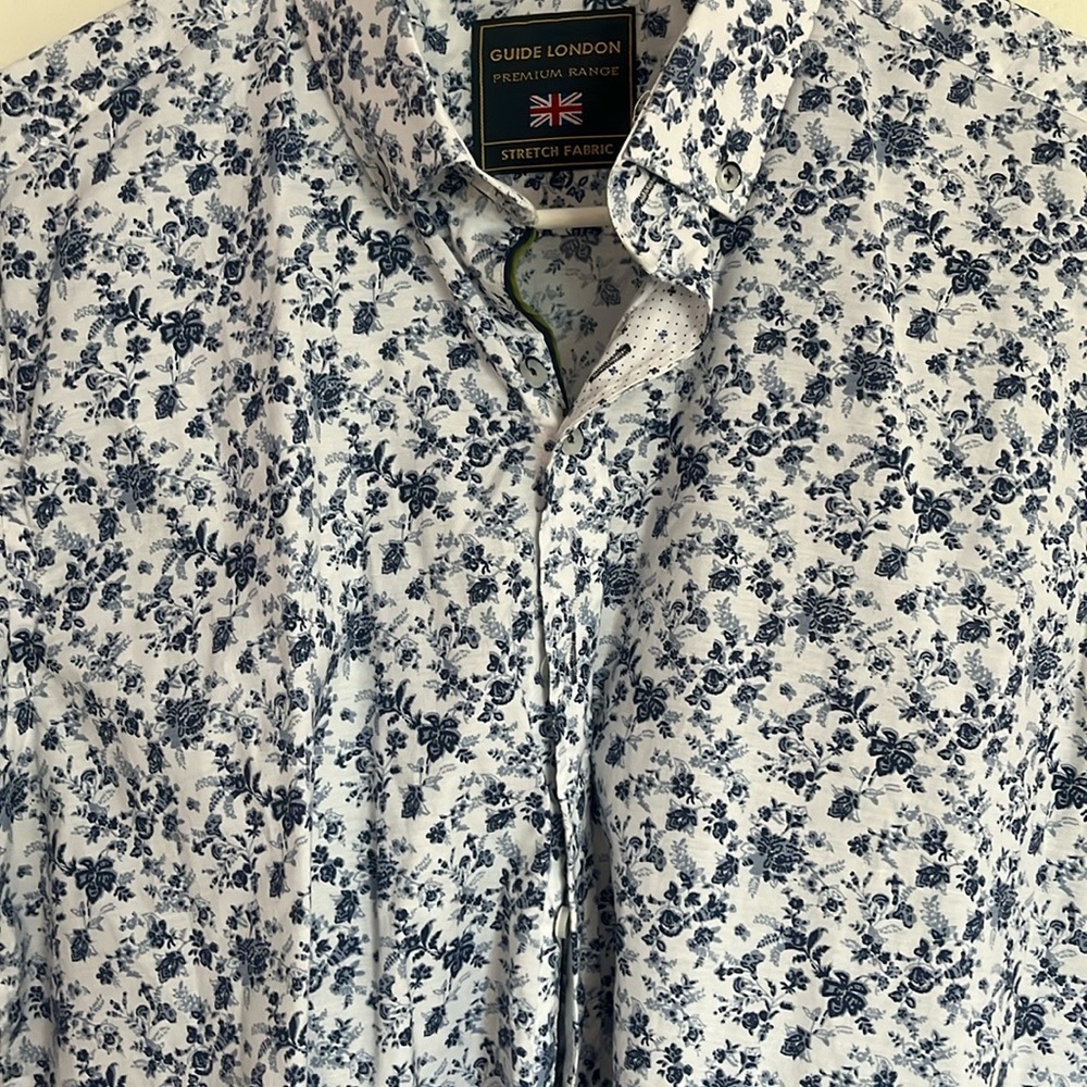 Blue and White Floral Casual Button Down Shirt